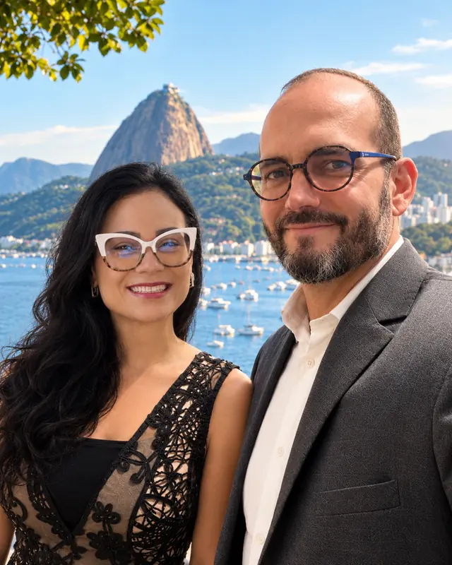 Amanda e Rodrigo, fundadores da Trísion, com o Pão de Açúcar ao fundo